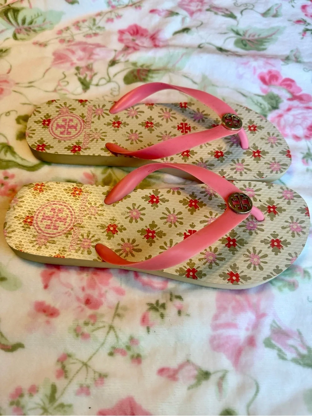 Tory Burch Pink Floral Flip Flop Sandals with Gold Logo Medallion